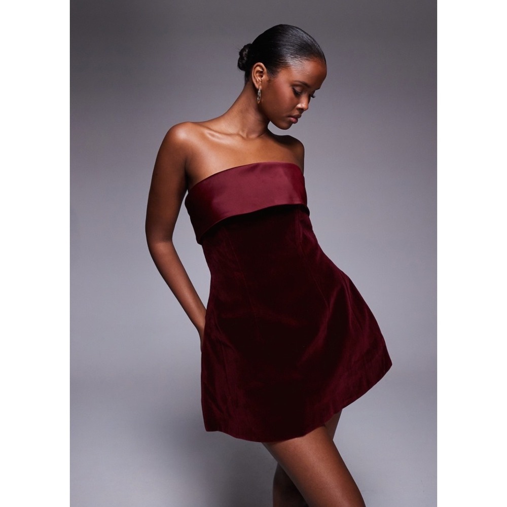 Murci Burgundy Velvet Strapless Mini Dress Satin Trim A-Line Cocktail Maroon 6 - Picture 2 of 6